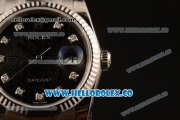 Rolex Datejust Clone Rolex 3135 Automatic Stainless Steel Case/Bracelet with Black Dial and Diamonds Markers - 1:1 Original (MARK F)