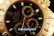 Rolex Daytona Chronograph Miyota Quartz Movement Full Gold with Diamond Bezel and Black Dial-White Markers