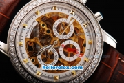 Patek Philippe Skeleton Automatic Movement Steel Case with Diamonds Bezel with Golden Studs Markers and Brown Leather Strap