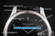 Patek Philippe Calatrava Miyota Quartz Steel Case with Black Dial and Black Leather Strap Diamonds Markers