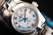 Rolex Datejust Oyster Perpetual Automatic Movement Full Steel with Blue Roman Markers and White Dial-Lady Size