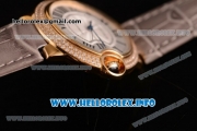 Cartier Ballon Bleu De Medium Asia 4813 Automatic Yellow Gold Case with Sliver Dial Diamonds Bezel and Grey Leather strap