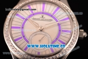 Jaeger-LeCoultre Lady Miyota Quartz Steel Case with White MOP Dial Purple Leather Strap and Purple Stick Markers - Diamonds Bezel