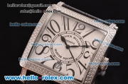 Franck Muller Master Square Swiss Quartz Steel Case with White Dial Black Leather Strap and Diamond Bezel