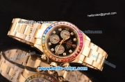 Rolex Daytona Chronograph Miyota OS20 Quartz Gold Case/Strap with Colorful Diamond Bezel and Black Dial