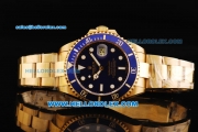 Rolex Submariner Swiss ETA 2836 Automatic Movement Gold Case and Strap with Blue Bezel and White Markers 43mm