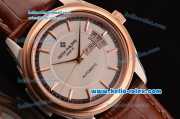 Patek Philippe Calatrava Swiss ETA 2824 Automatic Steel Case Rose Gold Bezel with Brown Leather Strap White Dial Stick Markers