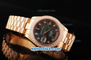 Rolex Day Date II Automatic Movement Full Rose Gold with Diamond Bezel-Diamond Markers and Black MOP Dial