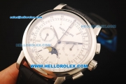 Patek Philippe Moonphase Chronograph Swiss Valjoux 7750 Manual Winding Movement Steel Case with Stick Markers and Black Leather Strap