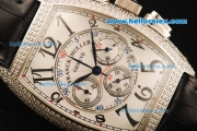 Franck Muller Chronograph Swiss Quartz Movement Steel Case with Diamond Bezel and Black Leather Strap-7750 Coating Case