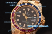 Rolex GMT-Master II Swiss ETA 2836 Automatic Gold Case with Colorful Diamond Bezel Black Dial and Yellow Gold Strap