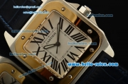 Cartier Santos 100 Medium Swiss Quartz Steel Case Gold Bezel with Black Leather Strap White Dial Roman Markers