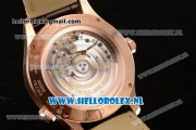 1:1 Jaeger-LECoultre Master Georgraphic Miyota 9015 Automatic Rose Gold Case with Silver Dial Stick Markers and Brown Genuine Leather