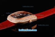 Franck Muller Galet Quartz Movement RG Case with Black Dial and Diamond Bezel-Red Leather Strap