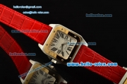 Cartier Santos 100 Medium Swiss Quartz Steel Case Gold Bezel with Red Leather Strap White Dial Roman Markers