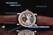 Cartier Rotonde De Tourbillon Asia 6497 Manual Winding Steel Case with White Dial and Brown Leather Strap