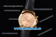 Rolex Cosmograph Daytona Clone Rolex 4130 Automatic Yellow Gold Case with Rose Gold Dial Diamonds Markers and Black Leather Strap (EF)