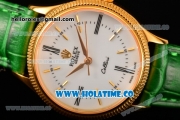 Rolex Cellini Time Asia 2813 Automatic Yellow Gold Case White Dial Green Leather Strap and Stick/Roman Numeral Markers