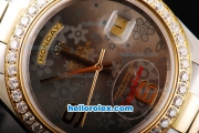 Rolex Day-Date II Oyster Perpetual Automatic Movement Grey/Flower Dial with RG/Diamond Bezel-Two Tone Strap