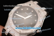 Audemars Piguet Royal Oak Ladies Swiss Quartz Steel/Diamond Case with Black Leather Bracelet and Black Dial - 1:1 Original