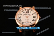 Cartier Rotonde De Miyota Quartz Rose Gold Case with White Dial and Black Leather Strap - Roman Numeral Markers
