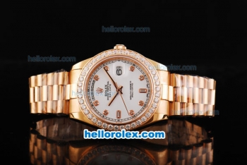 Rolex Day Date II Automatic Movement Full Rose Gold with Diamond Bezel-Diamond Markers and White Dial