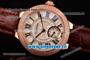 Cartier Ballon Bleu De Small Swiss Quartz Rose Gold Case with Diamonds Bezel White Dial and Brown Leather Strap - Black Markers