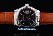 Rolex Datejust Working Chronograph Automatic Movement with Black Dial-Brown Leather Strap