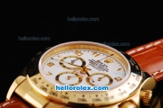 Rolex Daytona Oyster Perpetual Swiss Valjoux 7750 Automatic Movement Gold Case with White Dial-Gold Number Markers and Brown Leather Strap