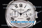Cartier Cle de Cartier Chrono Japanese Miyota OS20 Quartz Steel Case with White Dial Diamonds Bezel and Brown Leather Strap