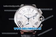 Cartier Ballon Bleu Chrono Swiss Valjoux 7750 Automatic Steel Case with White Dial Roman Numeral Markers and Black Leather Strap (KW)