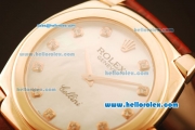 Rolex Cellini Swiss Quartz Rose Gold Case with White MOP Dial and Brown Leather Strap-Diamond Markers