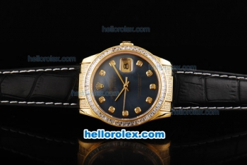 Rolex Datejust Swiss ETA 2836 Automatic Movement Black Dial with Diamond Bezel-Black Leather Strap