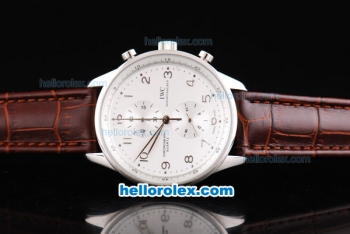 IWC Portugieser Chronograph Quartz Movement Silver Case with Number Markers-White Dial and Brown Leather Strap