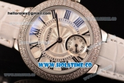 Cartier Ballon Bleu De Small Swiss Quartz Steel Case with Diamonds Bezel White Dial and White Leather Strap - Black Markers