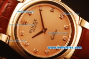 Rolex Cellini Swiss Quartz Rose Gold Case with Rose Gold Dial and Brown Leather Strap-Diamond Markers