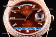 Rolex Day-Date Swiss ETA 2836 Automatic Rose Gold Case/Bracelet with Brown Dial and Stick Markers Diamonds Bezel (BP)