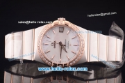 Omega Constellation Co-Axial Swiss ETA 2824 Automatic Steel Case with Rose Gold/Diamond Bezel and White MOP Dial-Rose Gold Stick Markers