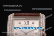 Cartier Tank Anglaise Miyota 9015 Automatic Steel Case with Diamonds Markers Brown Leather Strap and Silver Dial - Diamonds Bezel