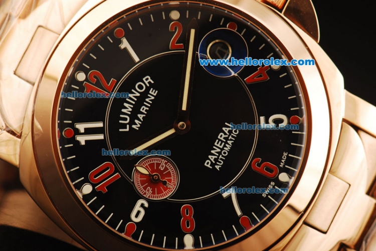 Panerai Luminor Marina Automatic Movement Rose Gold Case with Black Dial and Red/White Numeral Markers - Large Size - Click Image to Close