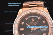 Rolex Day Date II Swiss ETA 2836 Automatic Rose Gold Case with Diamond Markers Black Dial and Diamond Bezel