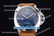 Panerai Luminor 1950 3 Days GMT Asia ST25 Automatic Steel Case with Blue Dial Arabic Numeral Markers and Brown Leather Strap