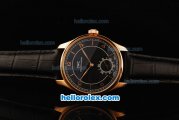 IWC Portuguese Vintage Asia 6497 Manual Winding Movement Rose Gold Case with Black Dial and Black Leather Strap