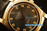 Rolex Cellini Swiss Quartz Yellow Gold Case with Black MOP Dial and Black Leather Strap-Diamond Markers