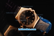 Omega Constellation Swiss ETA Quartz Rose Gold Case with Black Dial and Diamond Bezel