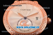 Cartier Rotonde De Swiss Quartz Rose Gold Case with White Guilloche Dial Diamonds Bezel and Black Leather Strap