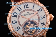 Jaeger LeCoultre Master Swiss ST Automatic Tourbillon Rose Gold Case Diamond Bezel Brown Leather Strap White Dial with Numeral Markers