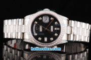 Rolex Day-Date Swiss ETA 2836 Automatic Movement Black Rolex Logo Dial with Diamond Marker and Bezel-Diamond/SS Strap