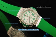 Hublot Big Bang Chronograph Miyota Quartz Movement White Dial with Green Markers and Diamond Bezel - Green Rubber Strap