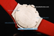 Hublot Big Bang Chronograph Miyota Quartz Movement White Dial with Red Markers and Pink Diamond Bezel - Red Rubber Strap